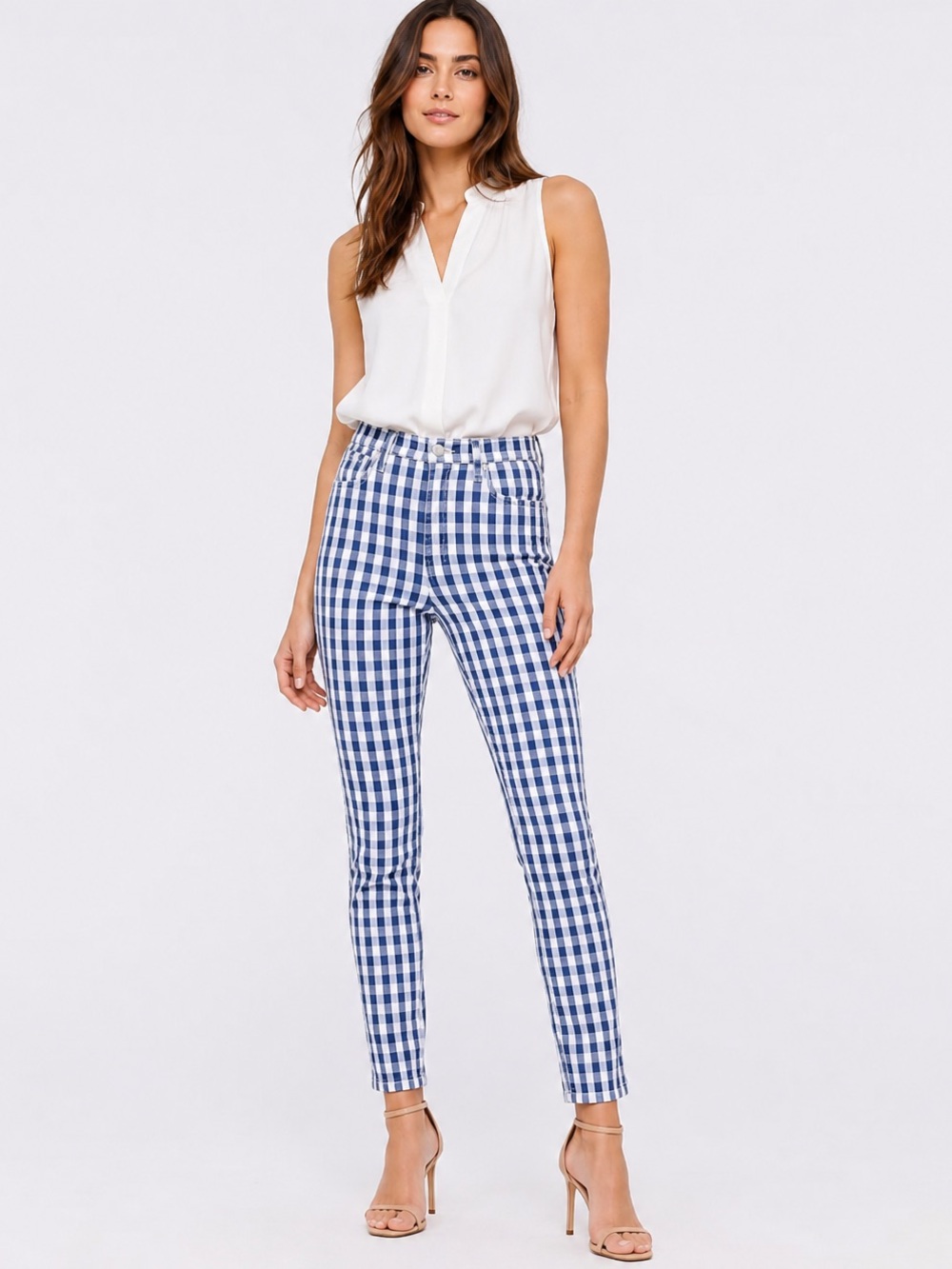 J.Crew Vintage Straight Jean in Gingham Indigo Ivory High Rise Stretch Size 27